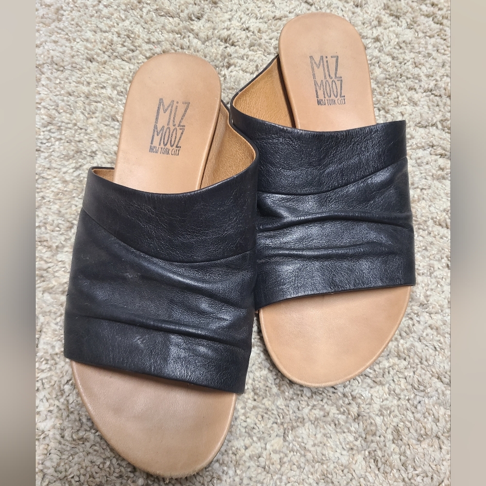 Miz Mooz Black Leather Aria Flat Slide Sandal